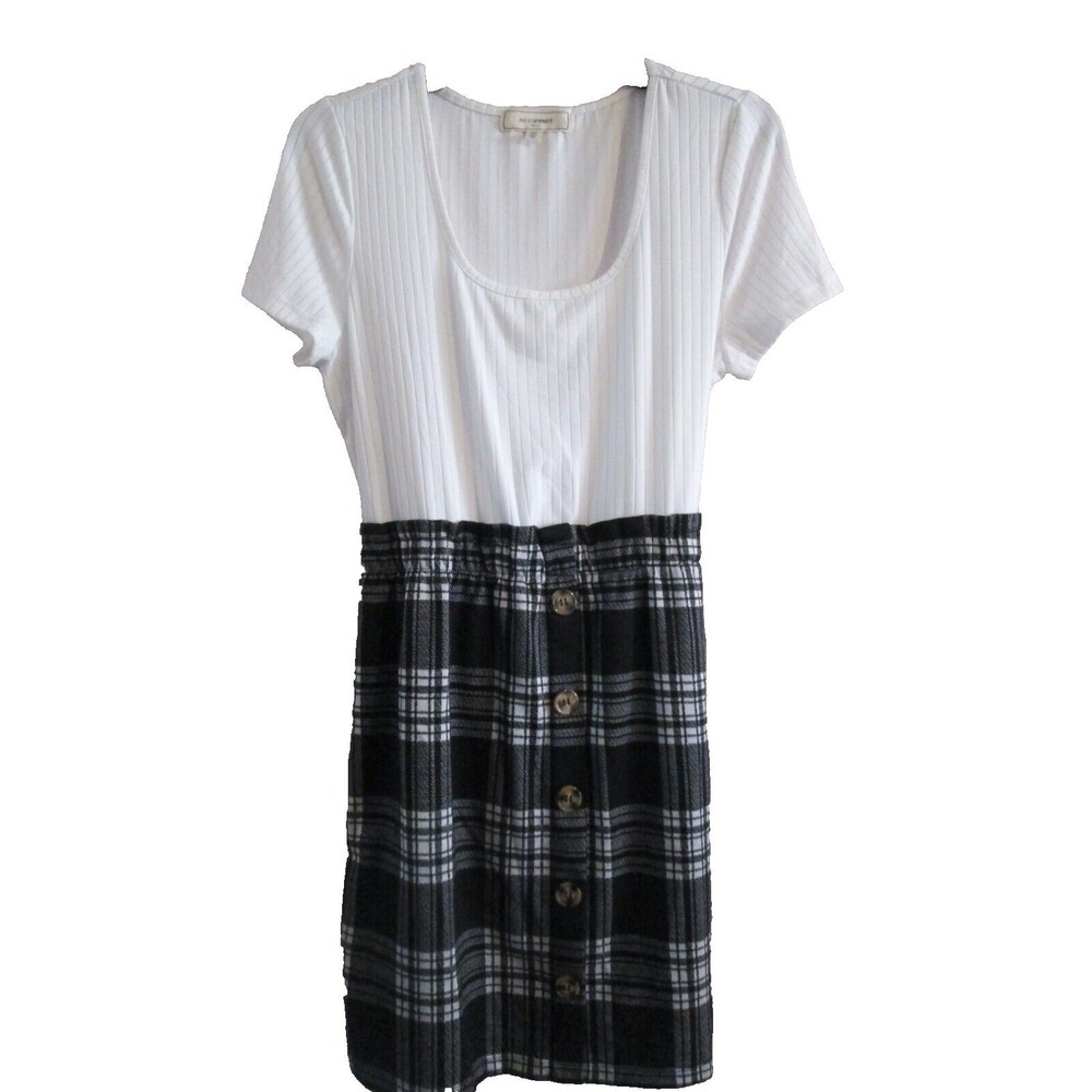 No Comment Juniors  Dress Size XL Plaid Black White Midi Short Sleeve Tie Back
